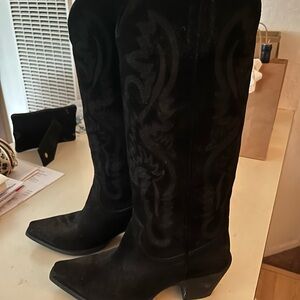 Jeffery Campbell Knee High Cowboy Boots, Black Suede, Snip Toe, Size 8